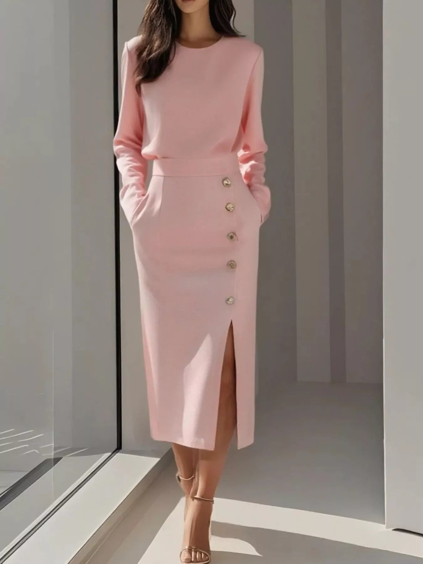 Long Sleeve Button Detail Midi Dress with Side Slit – The Pink Room