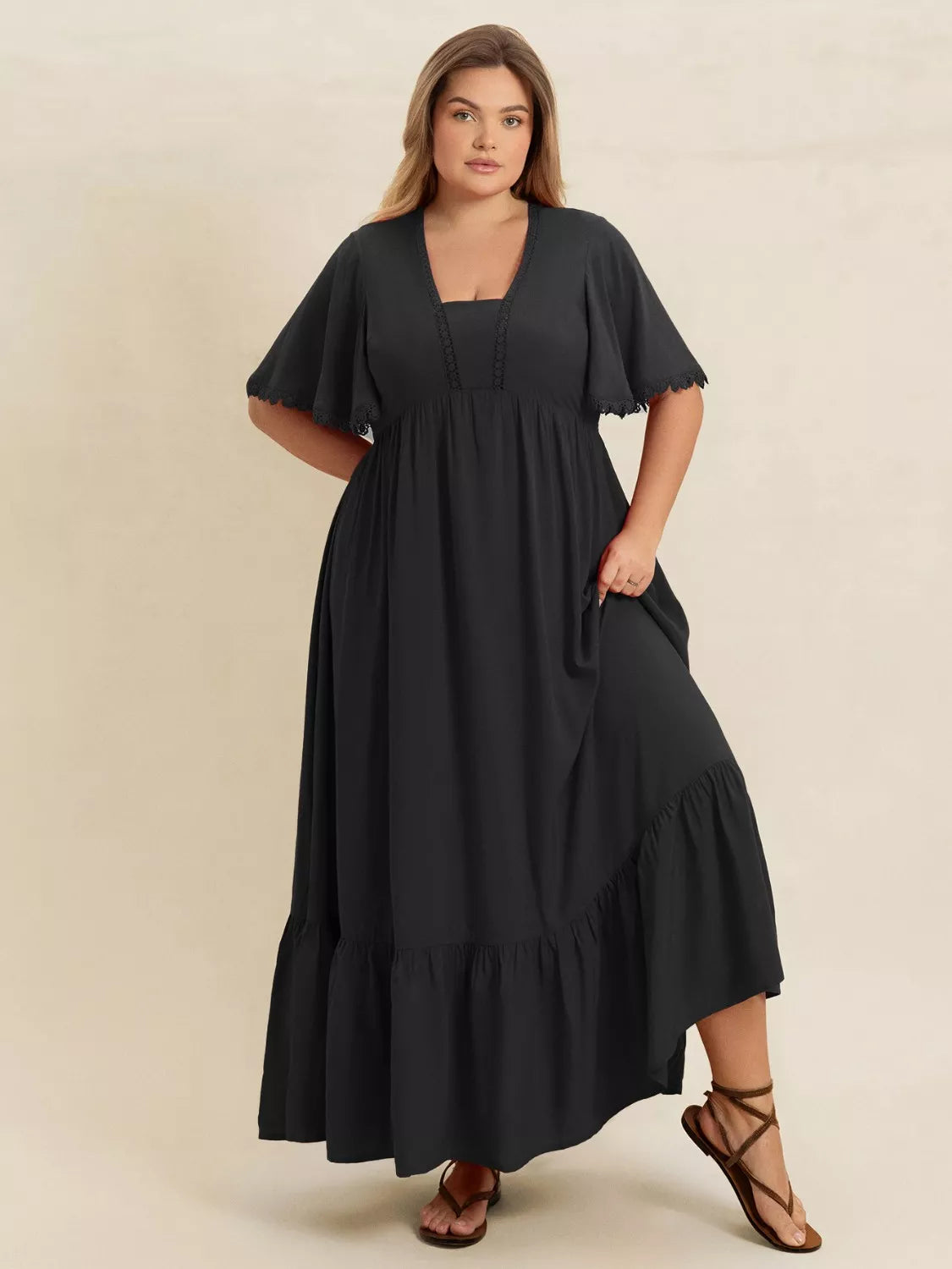 Plus Size Boho Ruffled Maxi Dress with Flutter Sleeves – The Pink Room