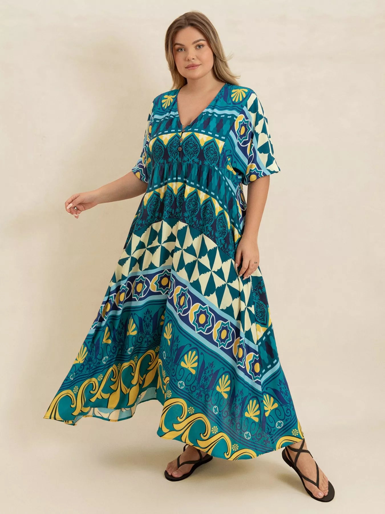 Plus Size Printed V-Neck Half Sleeve Midi Dress  The Pink Room