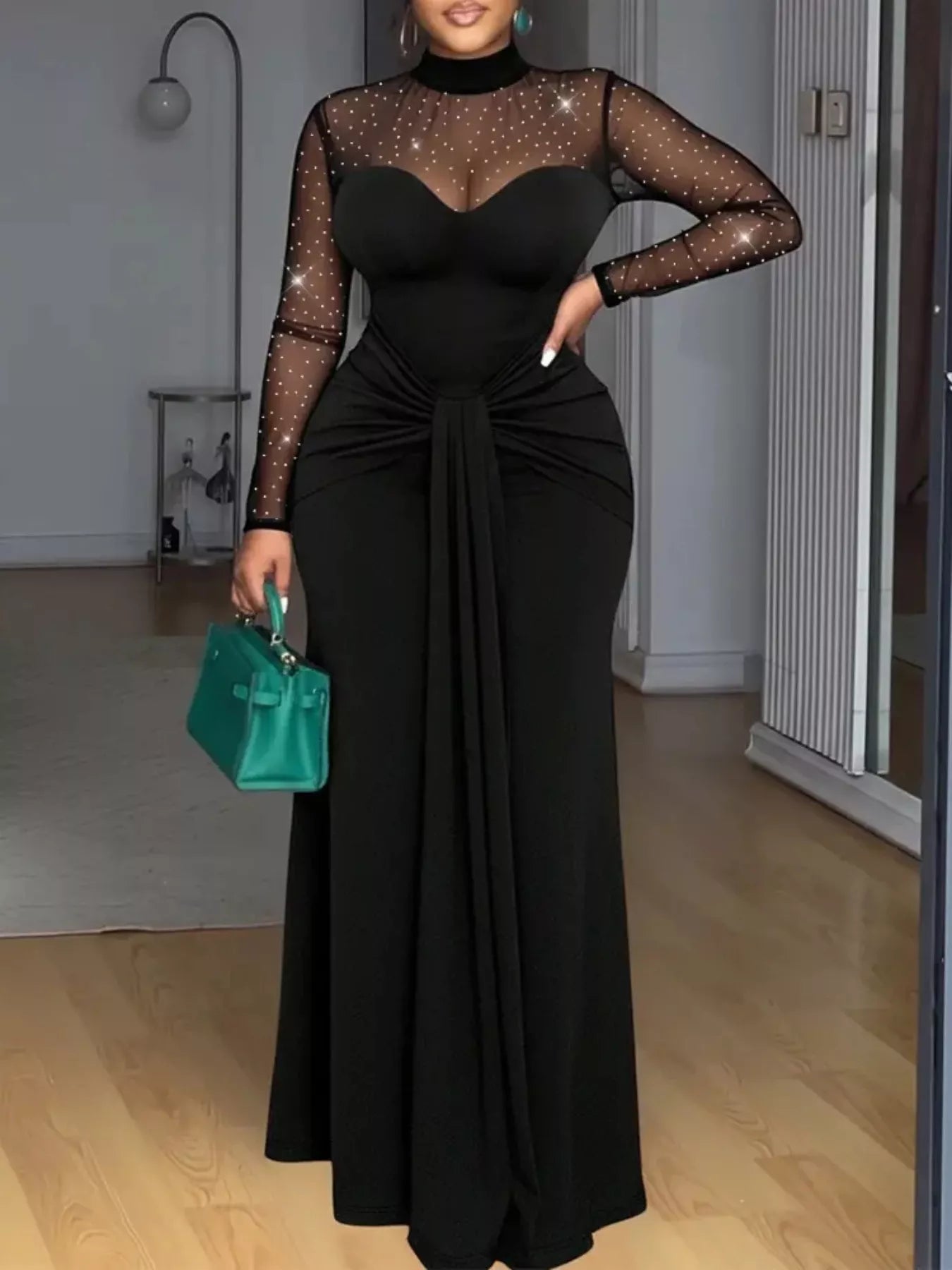 knee length dresses for ladies Mock Neck Sleeveless Sheer Mesh Spliced Maxi Dress Elegant Cinched Wai –  Divahotcouture main image 1