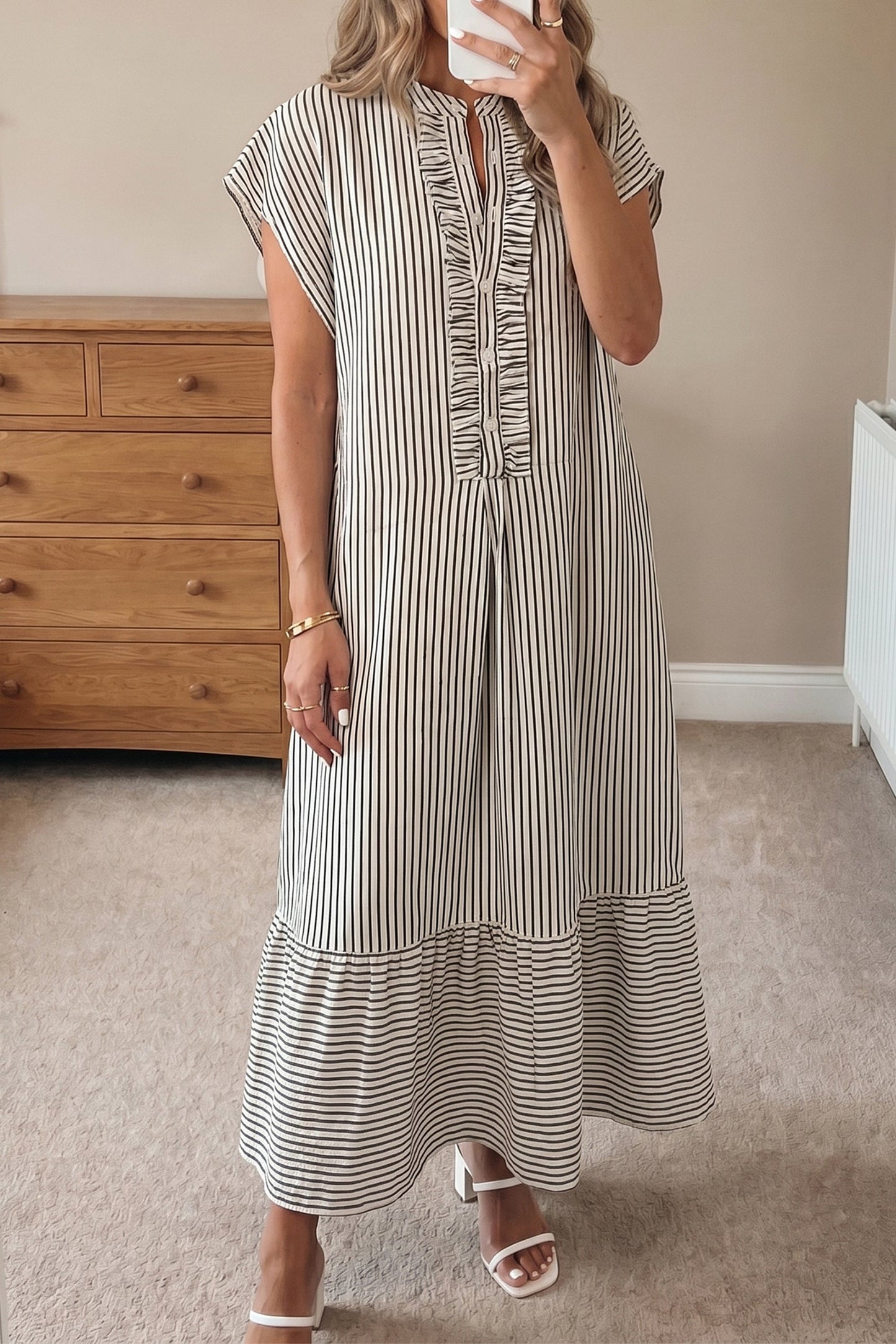 Stripe Frilled Half Buttoned Maxi Dress