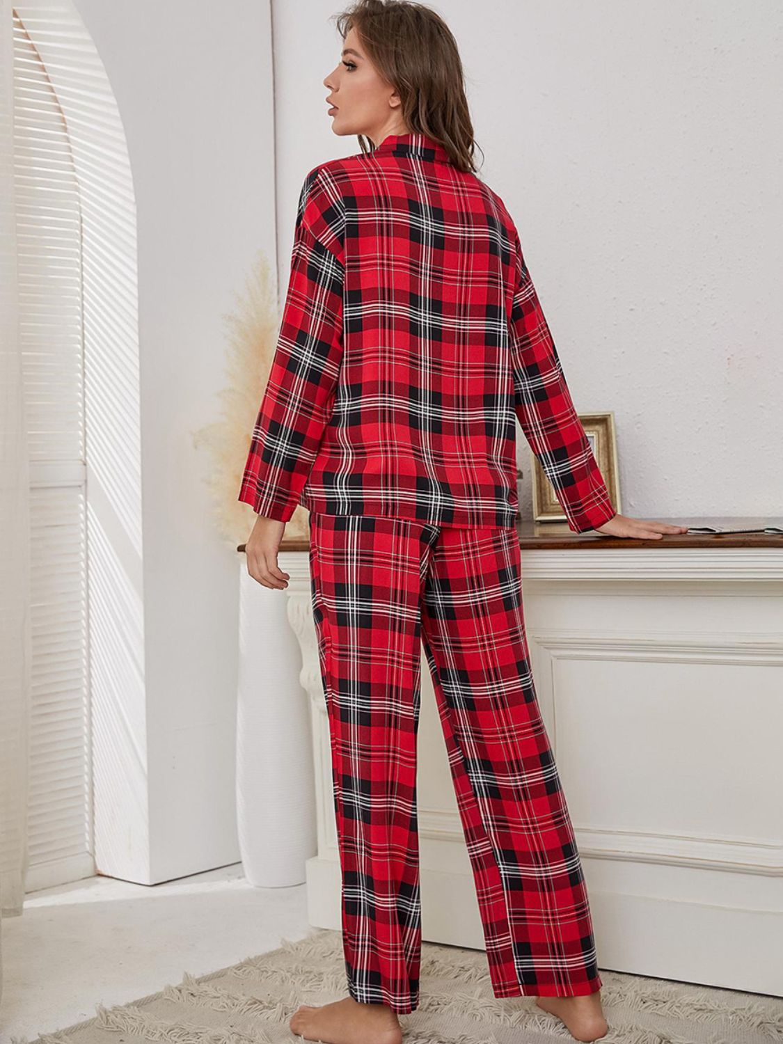 Plaid Collared Neck Long Sleeve Top and Pants Pajamas Set