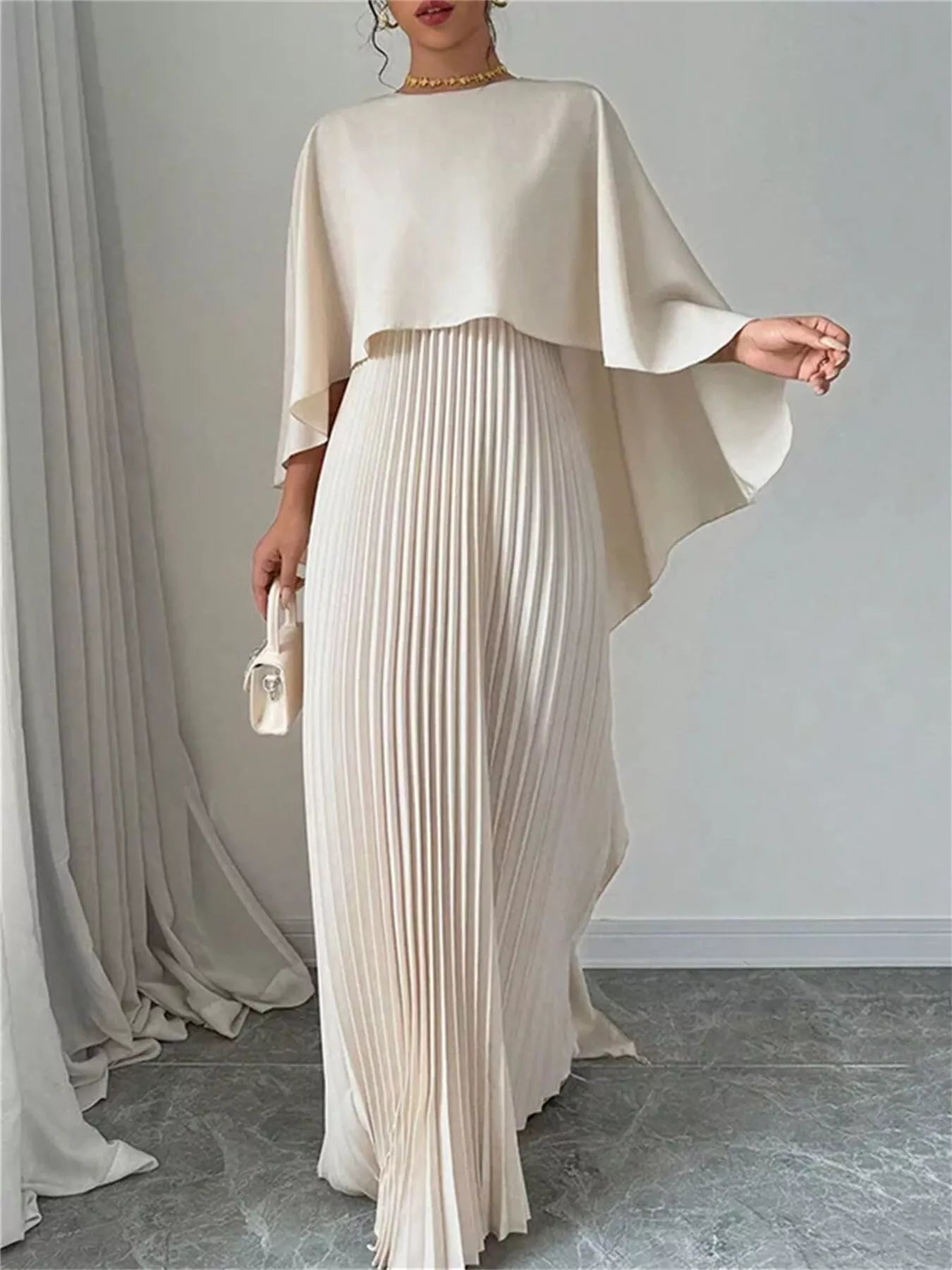 pleated cape maxi dress Charmeuse Pleated Cape Maxi Gown