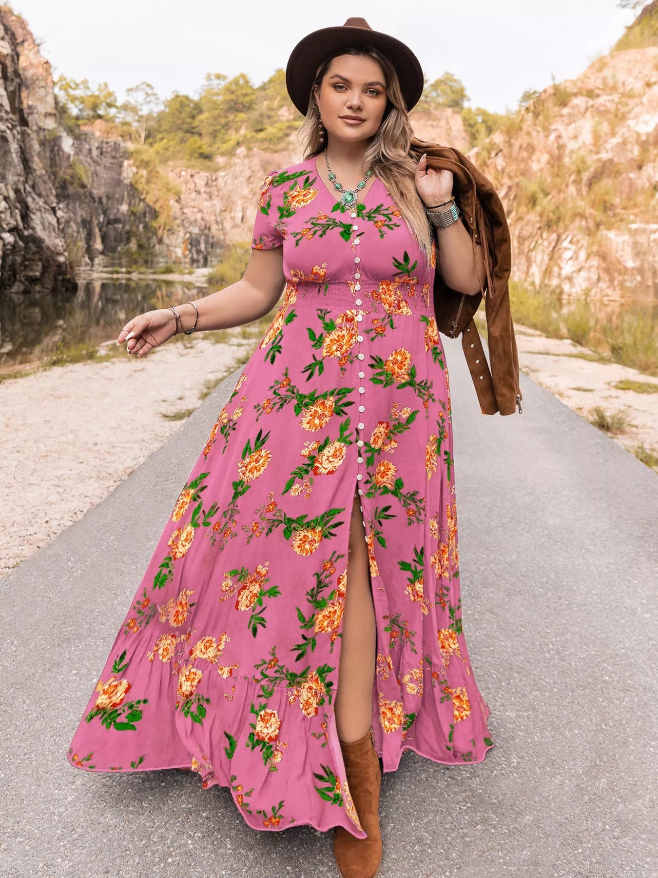 Plus Size Floral V-Neck Short Sleeve Maxi Dress – The Pink Room