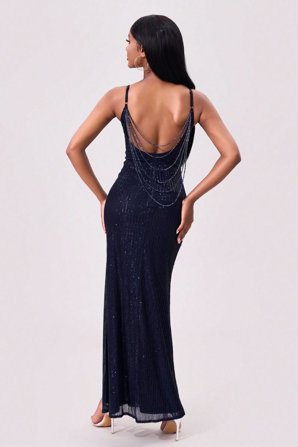 Black Split Sequin Backless Maxi Cami Dress
