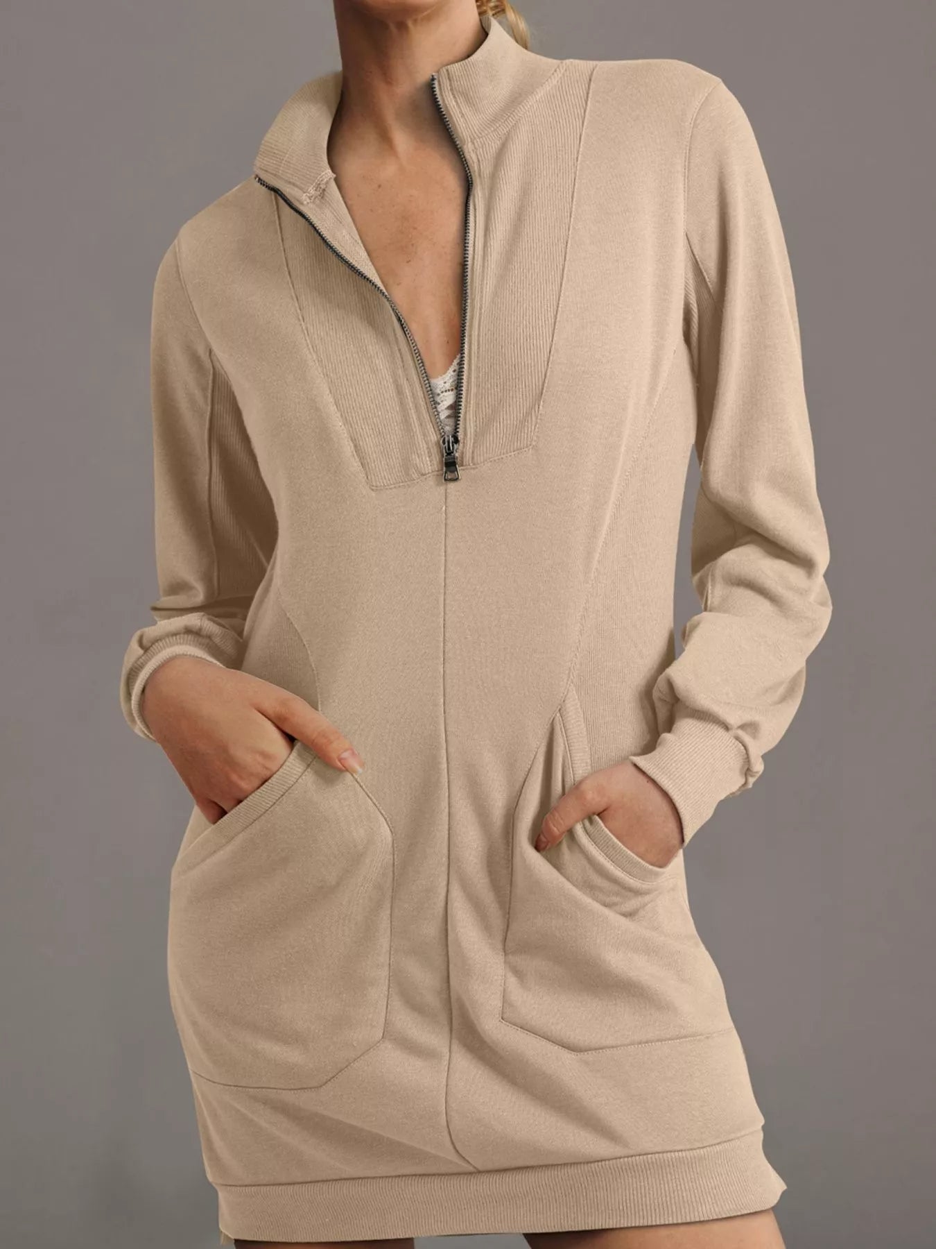 Zip Up Collared Ribbed Patchwork Sweatshirt Dress with Pockets – The Pink  Room