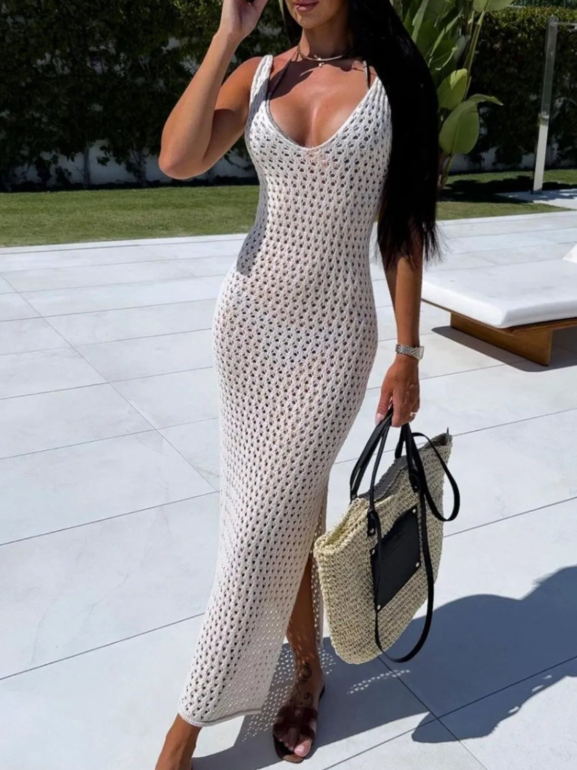 openwork floor length dress Openwork Wide Strap Midi Dress