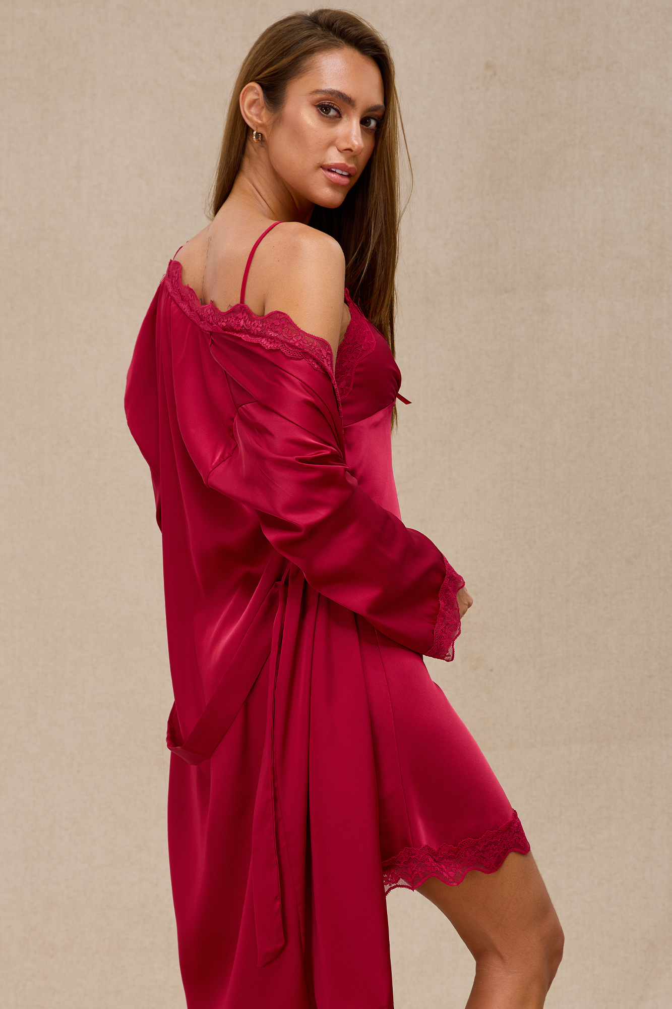 Satin Lace Trimmed Slip and Robe Set