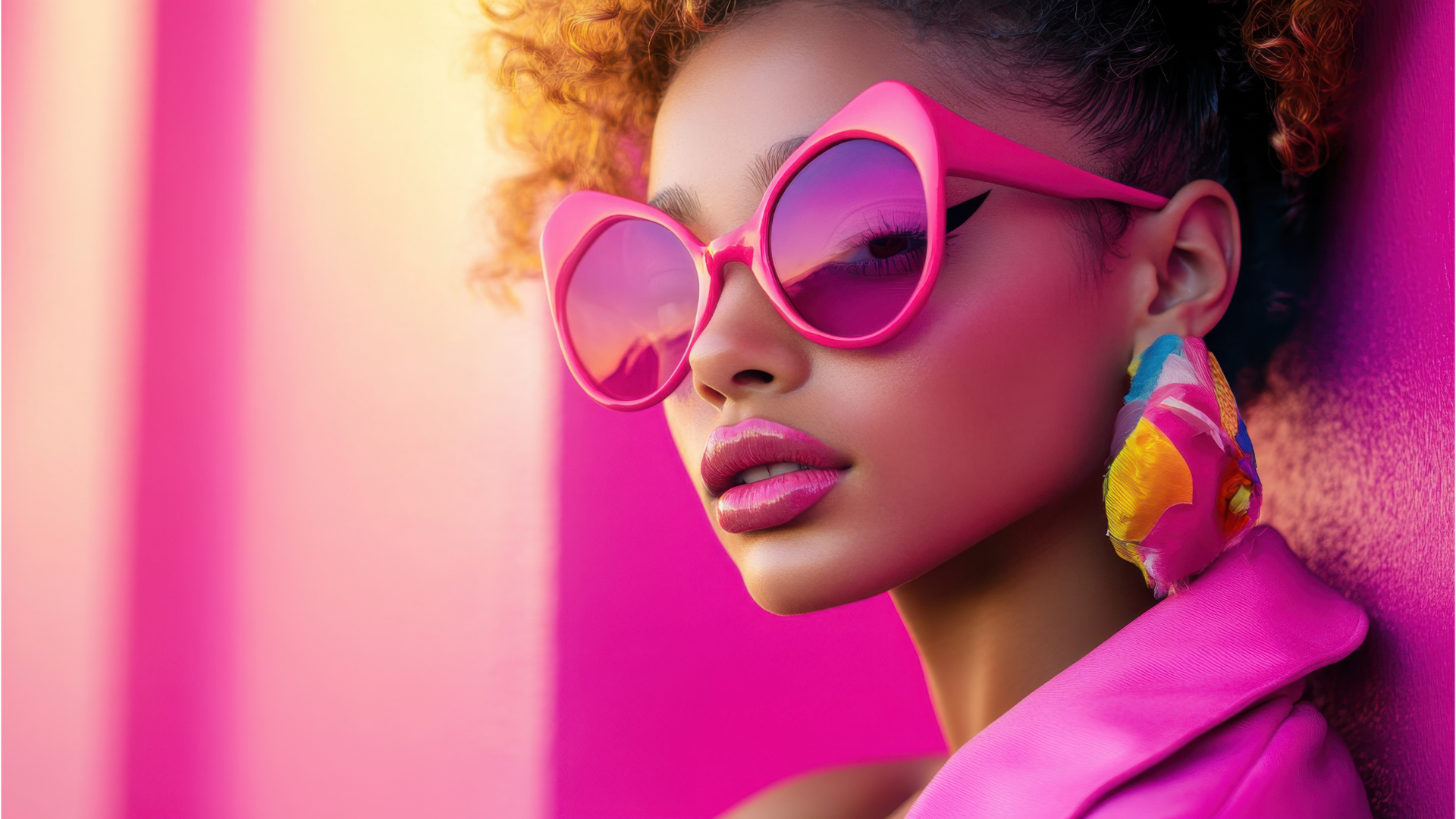 Woman wearing pink sunglasses and a colorful earring against a pink background
