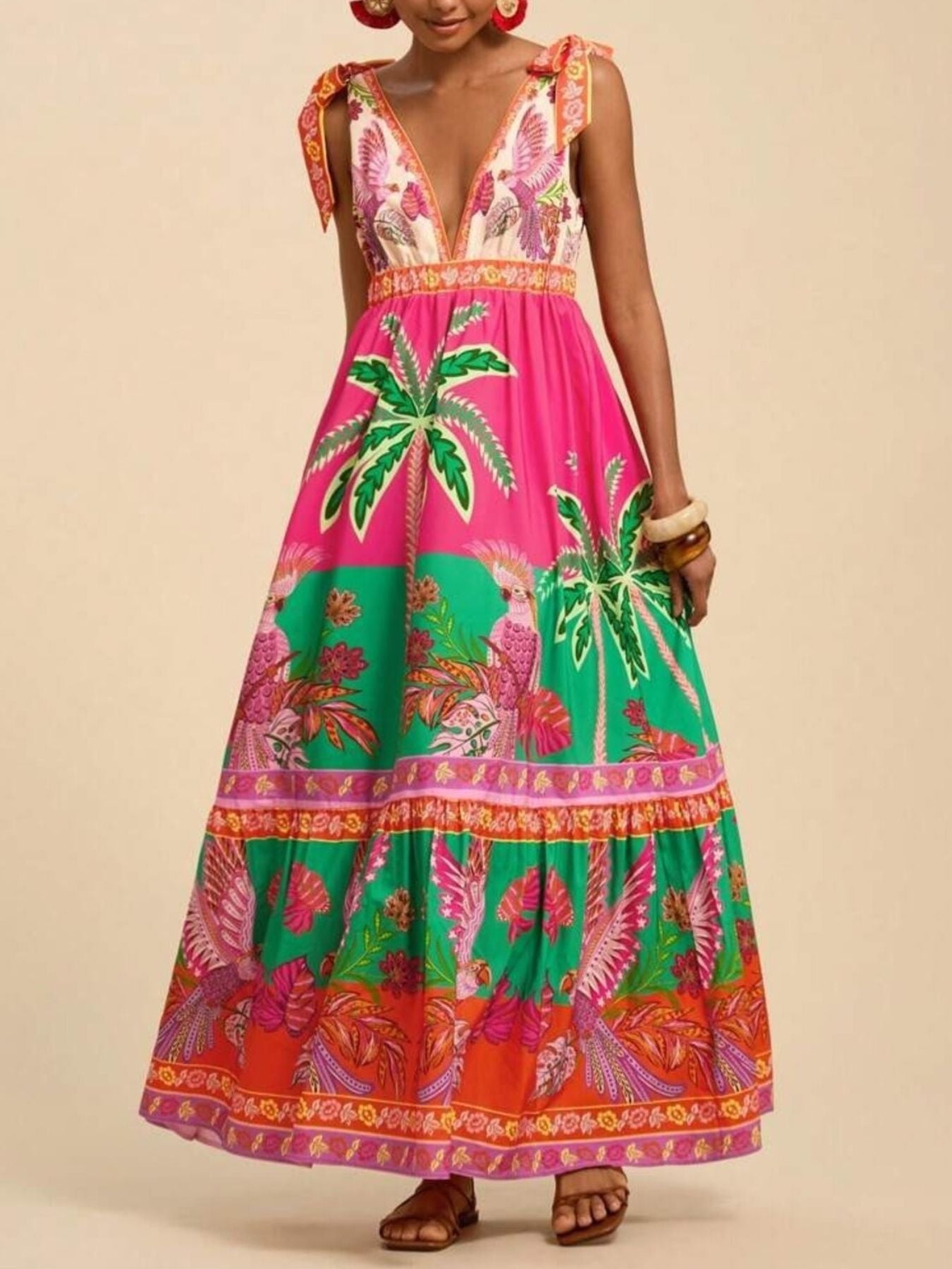 Tropical Print Tie-Shoulder Maxi Dress – The Pink Room