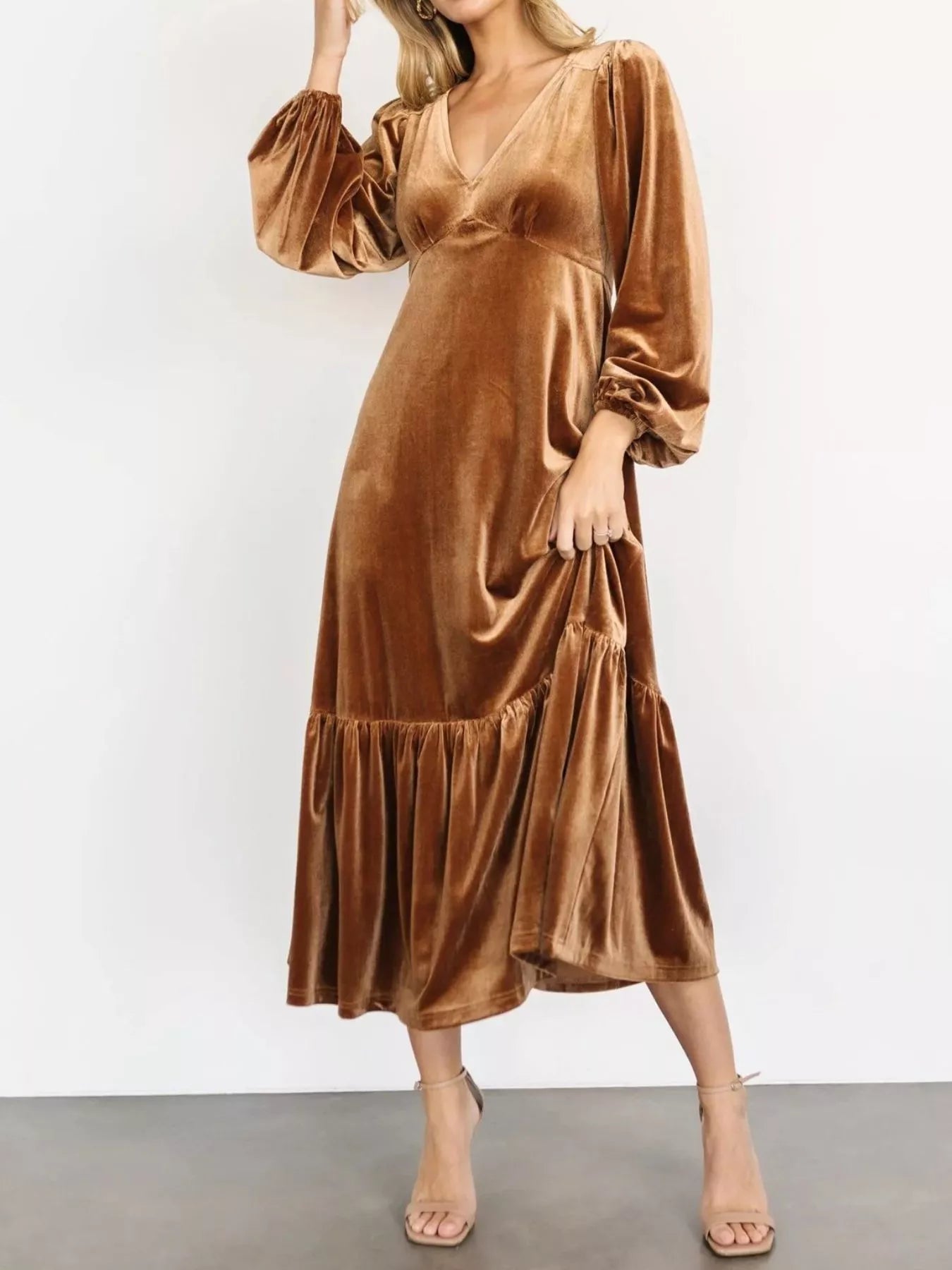 velvet tiered midi dress Velvet Tiered Long Sleeve Midi Dress – The Pink Room