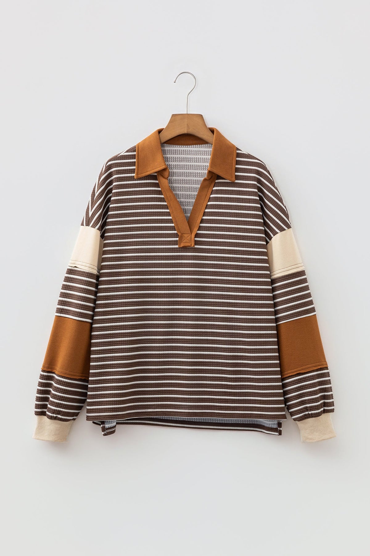 Stripe Colorblock Collared V-Neck Long Sleeve Top