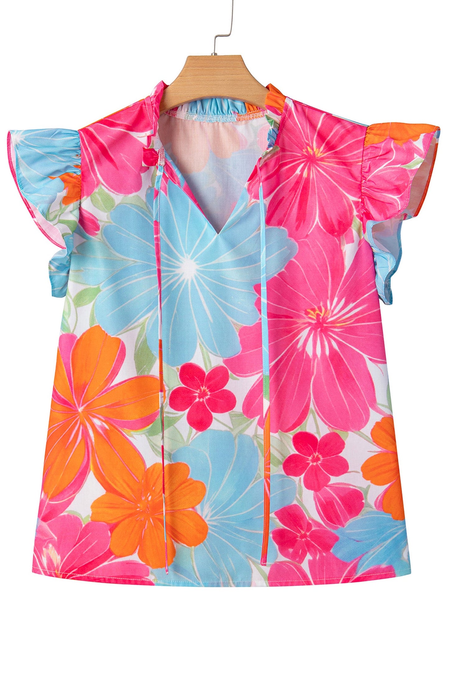 Floral Ruffle Tied V-Neck Flutter Sleeve Blouse