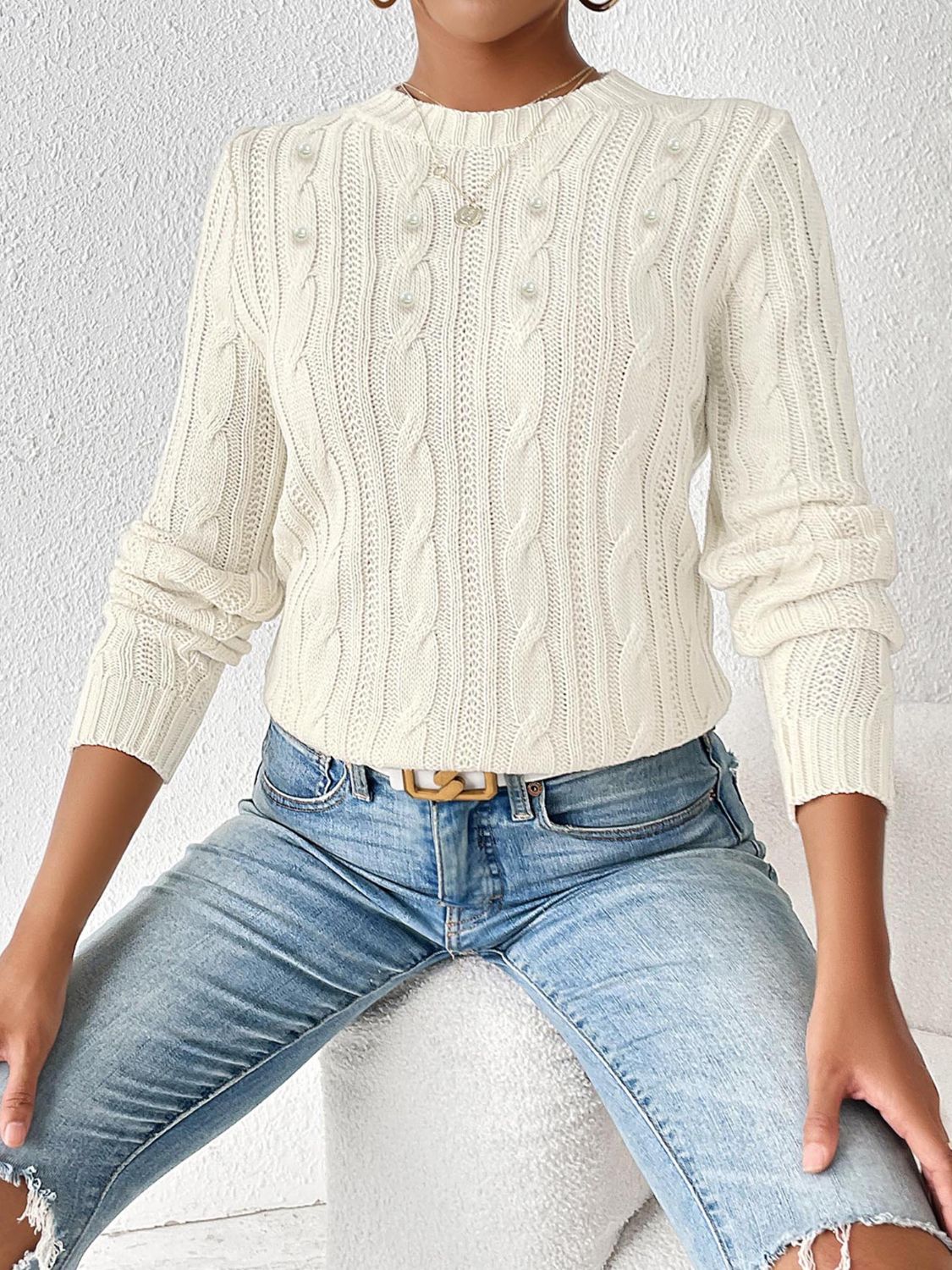 Cable-Knit Pearl Detail Sweater