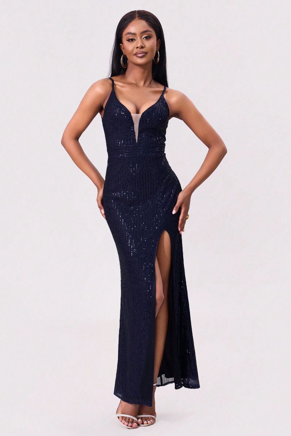 Black Split Sequin Backless Maxi Cami Dress