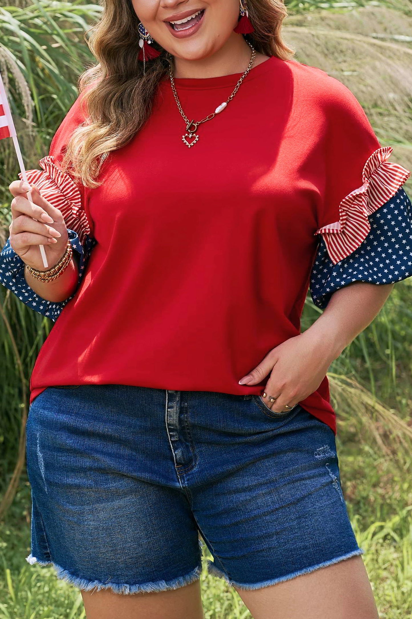 Plus Size Stars & Stripe Patchwork Puff Sleeve Top