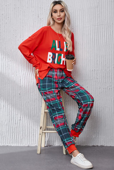 ALL IS BRIGHT Round Neck Top and Plaid Pants Pajamas Set