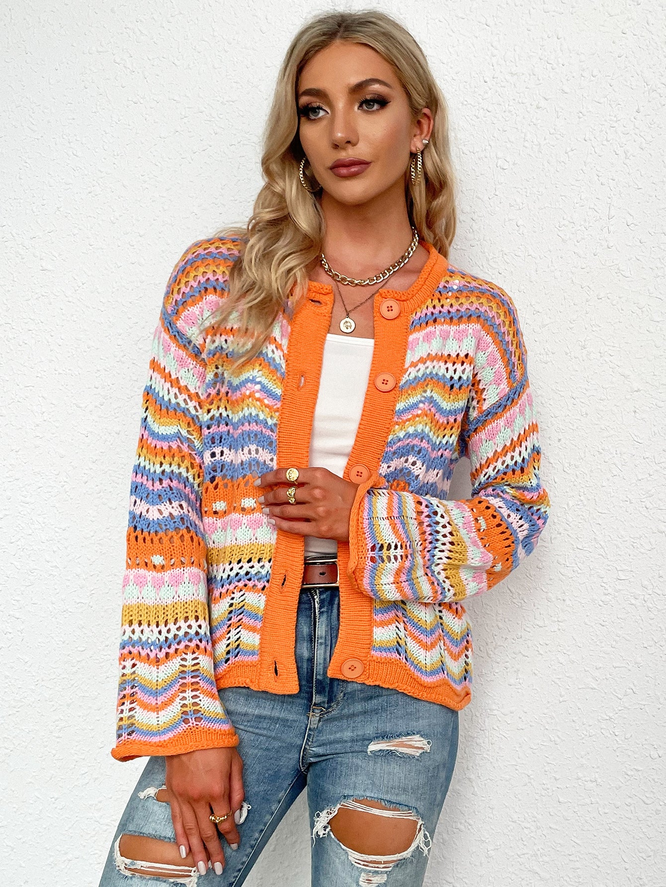 Chevron Striped Openwork Cardigan