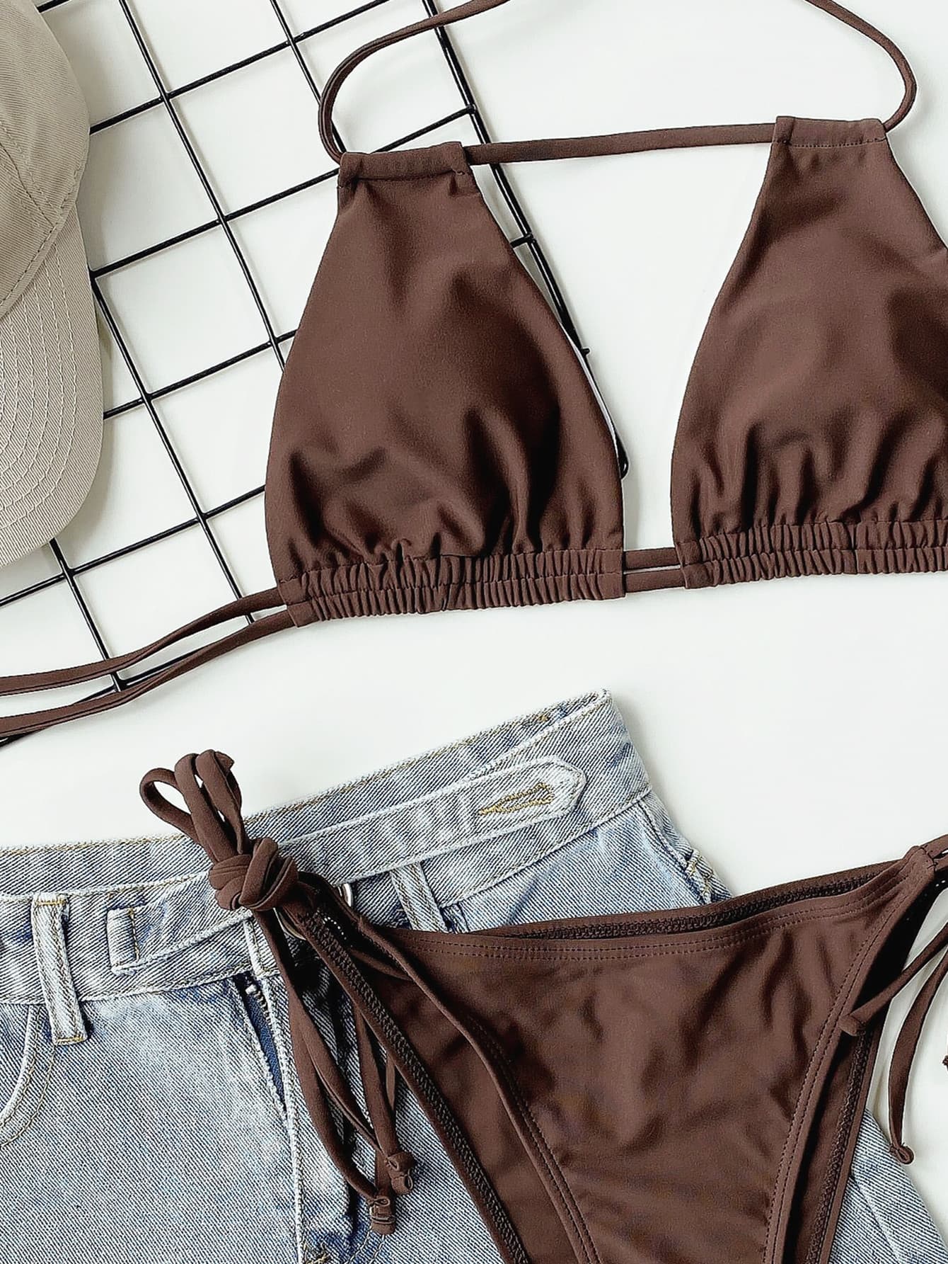 Mocha Halter Neck Ruched Bikini Set