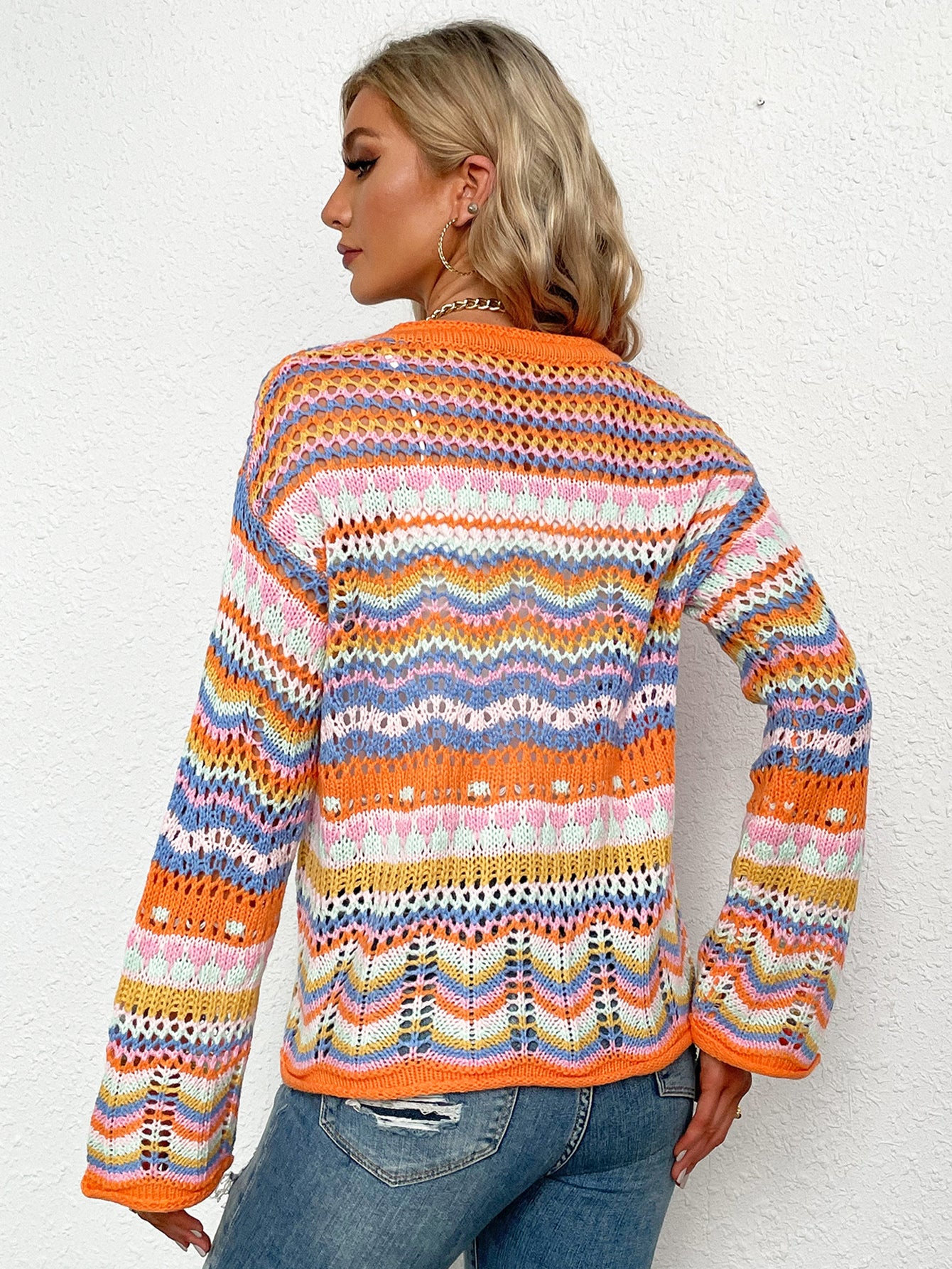 Chevron Striped Openwork Cardigan