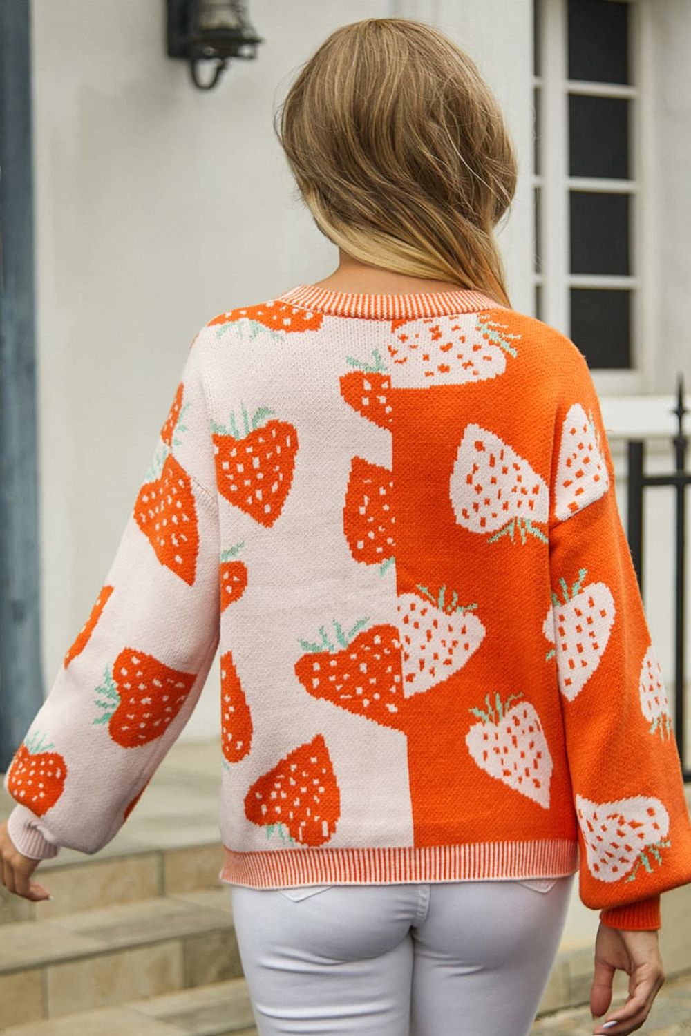 Strawberry Printed V-Neck Button-Down Long Sleeve Cardigan