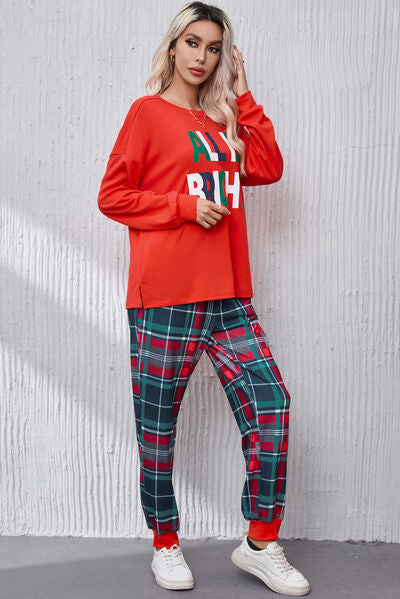 ALL IS BRIGHT Round Neck Top and Plaid Pants Pajamas Set