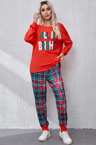 ALL IS BRIGHT Round Neck Top and Plaid Pants Pajamas Set