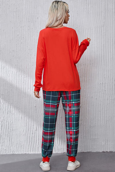 ALL IS BRIGHT Round Neck Top and Plaid Pants Pajamas Set