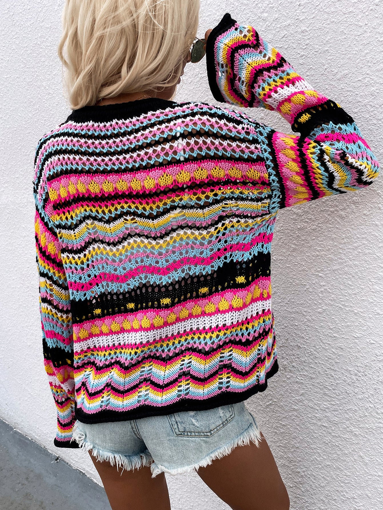 Chevron Striped Openwork Cardigan