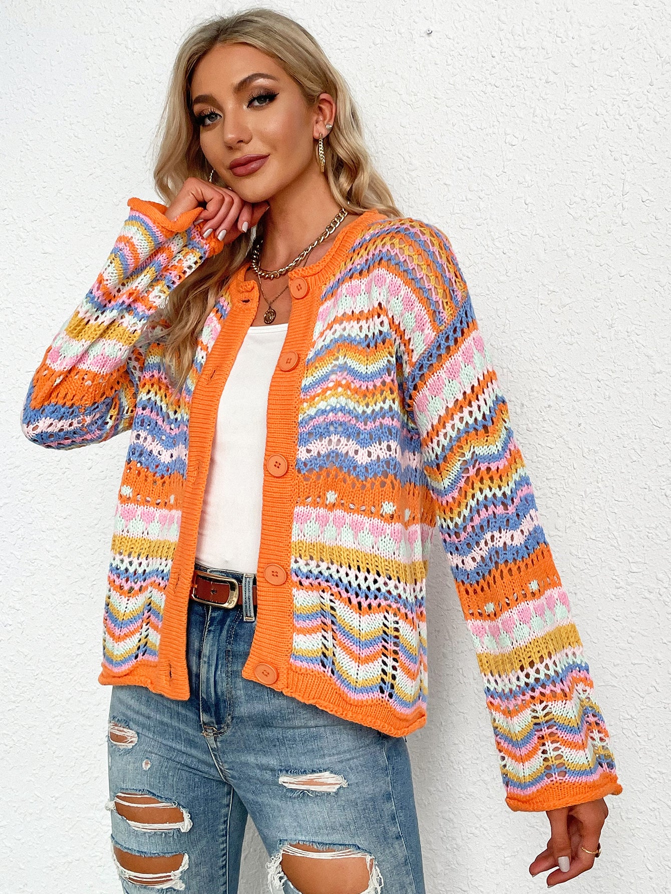 Chevron Striped Openwork Cardigan