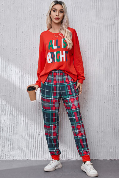 ALL IS BRIGHT Round Neck Top and Plaid Pants Pajamas Set