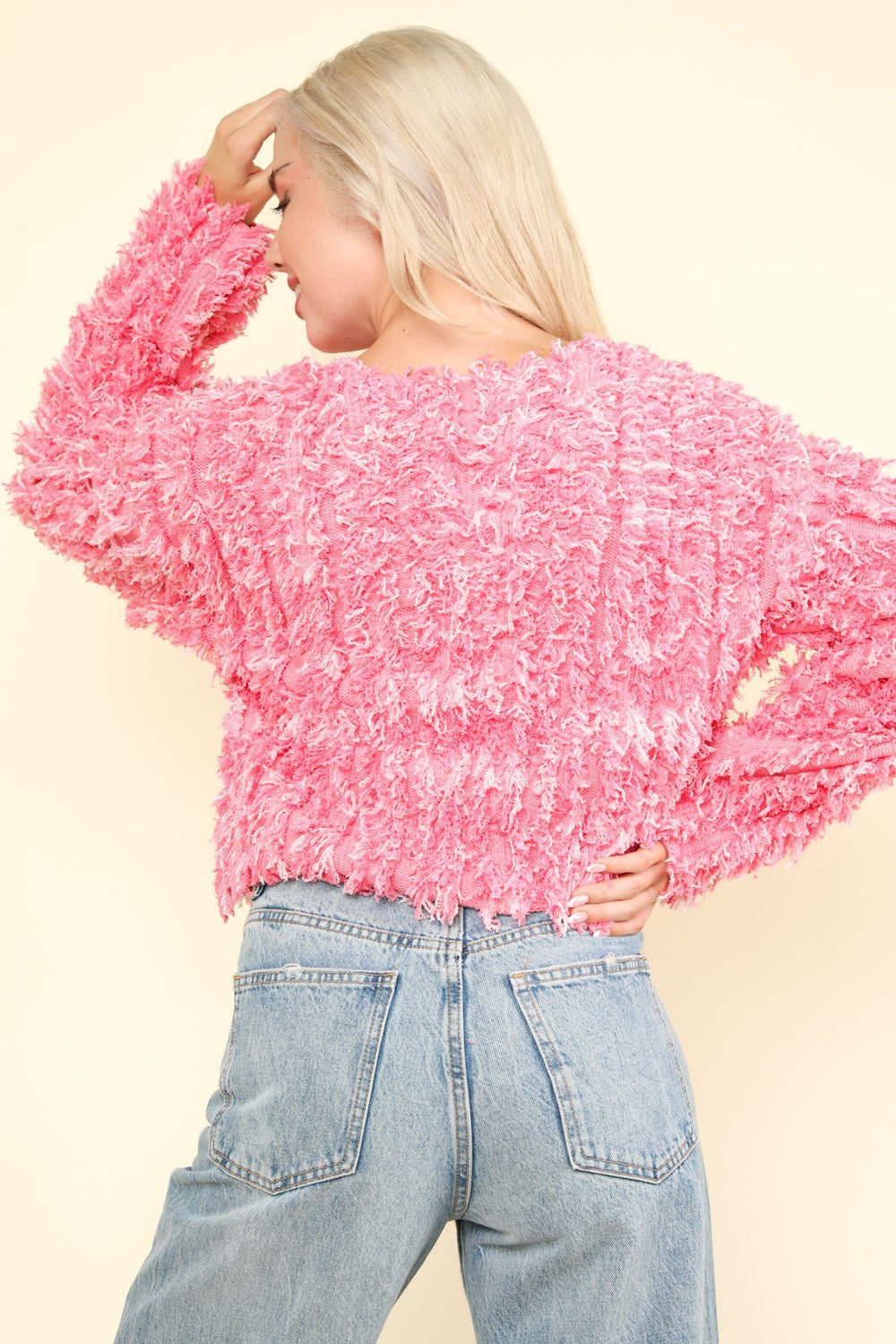 VERY Pink Shaggy Yarn Knit Zip Up Jacket