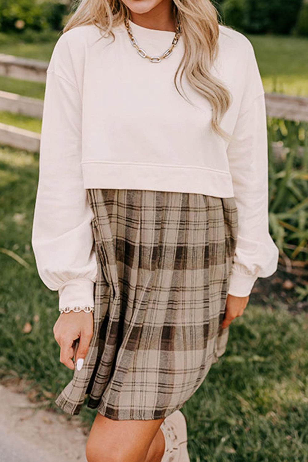 Half Plaid Round Neck Long Sleeve Mini Dress