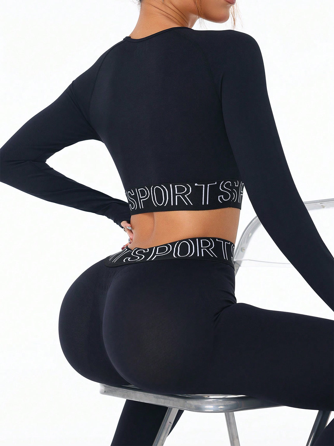 SPORT Print Round Neck Long Sleeve Top and Leggings Active Set