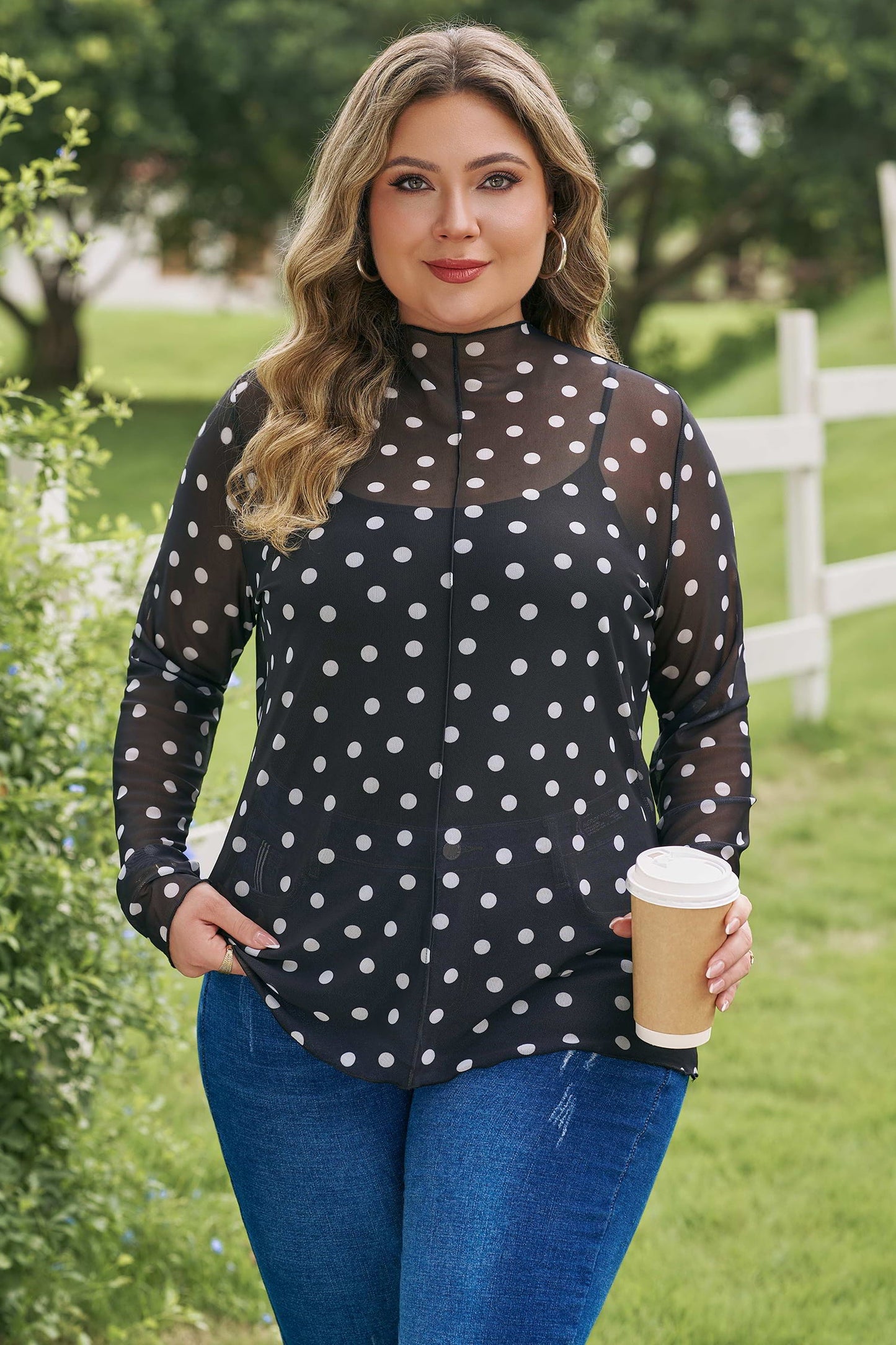 Plus Size Polka Dot Mesh Mock Neck Top