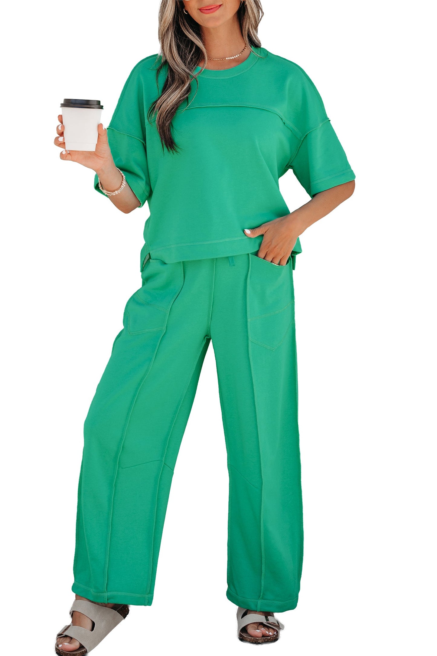 Solid Drop Shoulder Boxy Tee & Barrel Pants Set