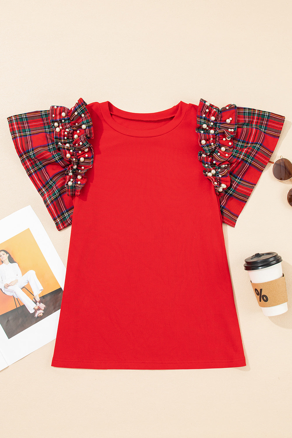 Plaid Patchwork Pearl Ruffle Sleeve T-Shirt
