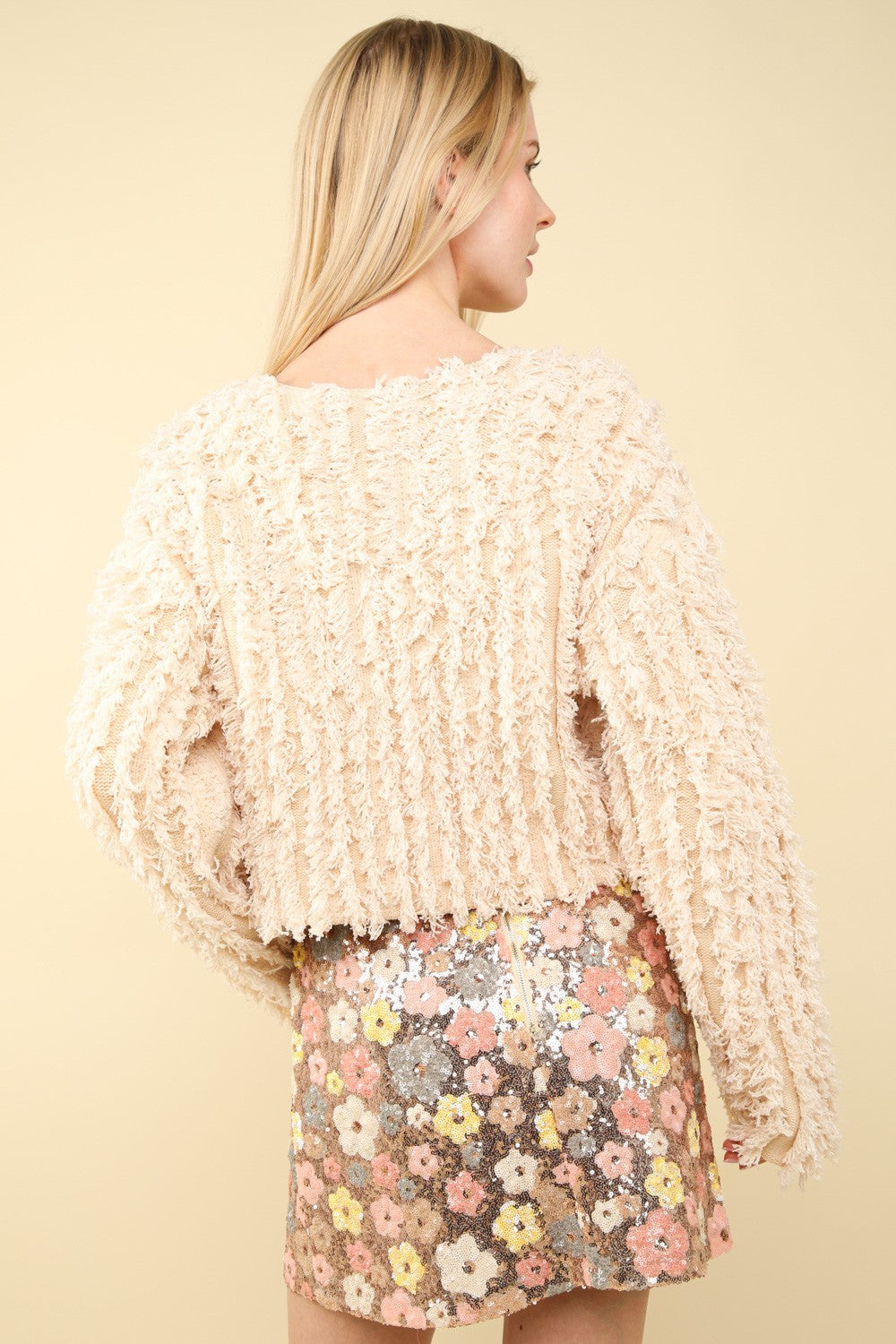 VERY Crema Shaggy Yarn Knit Zip Up Jacket