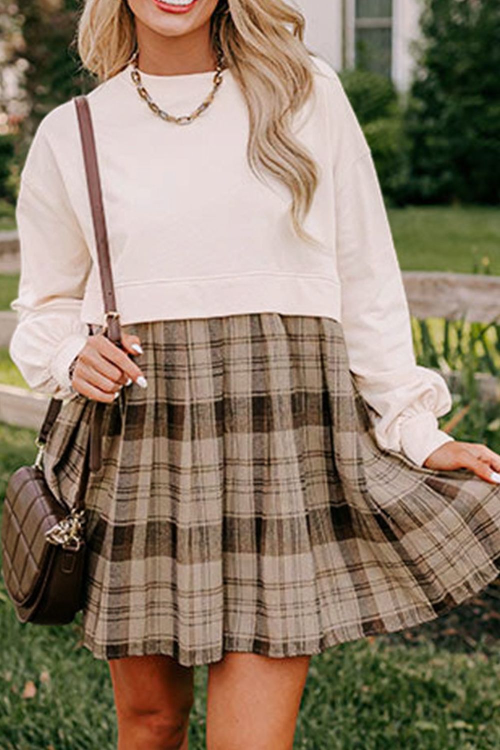 Half Plaid Round Neck Long Sleeve Mini Dress