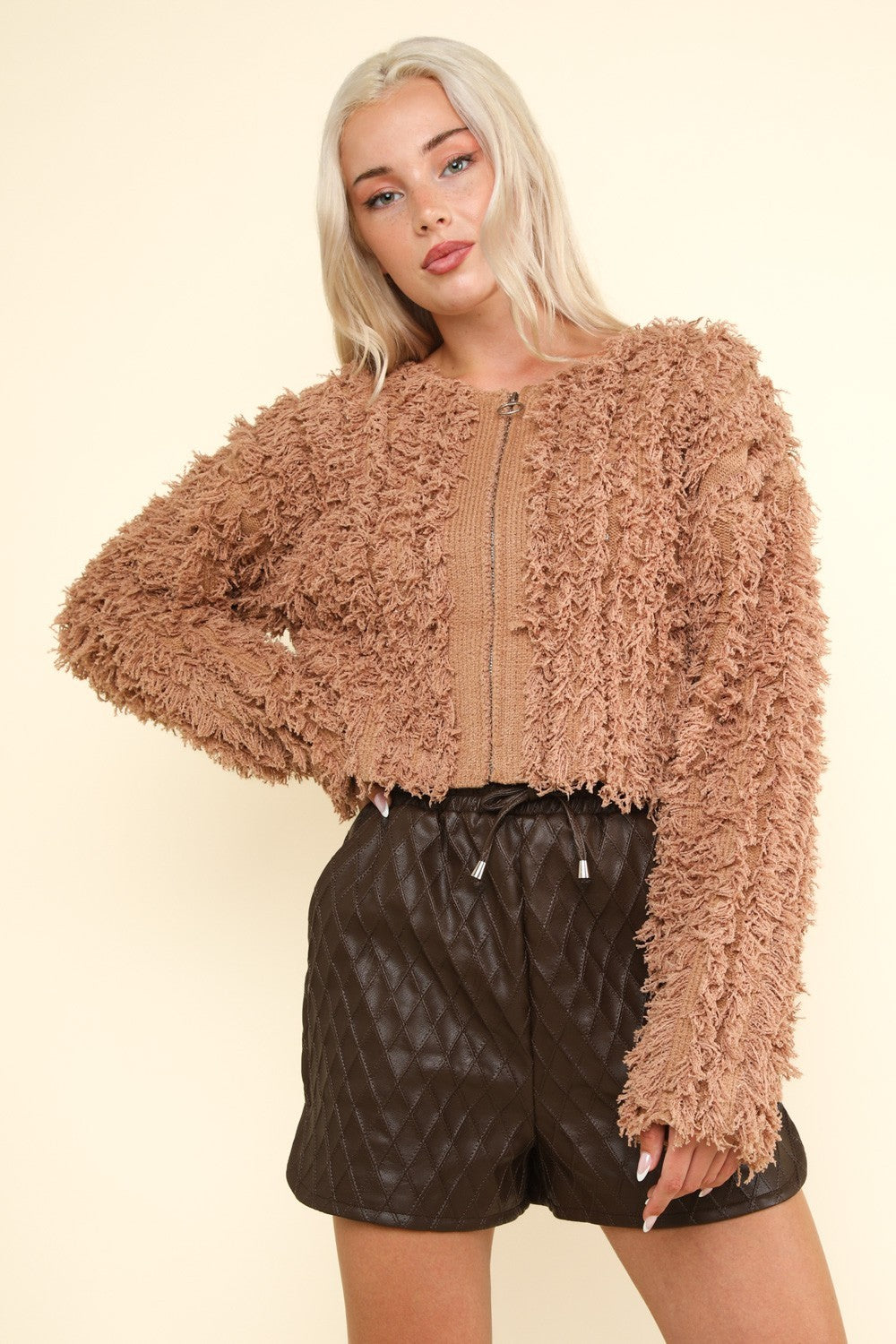 VERY Brown Shaggy Yarn Knit Zip Up Jacket