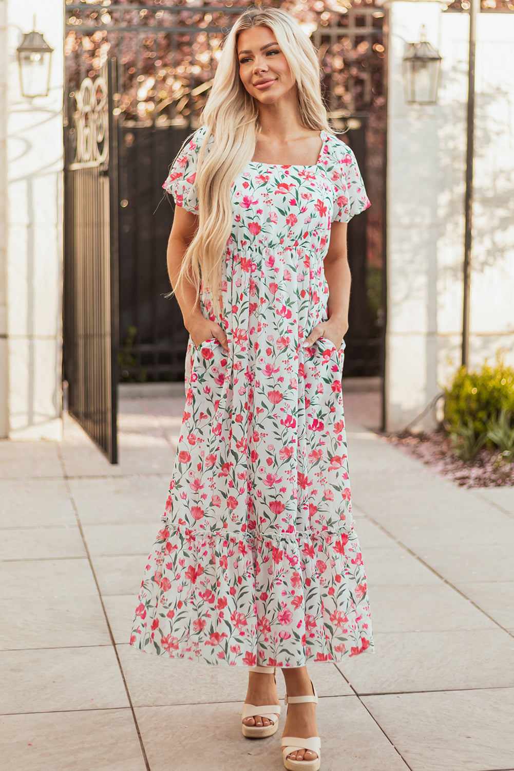 Floral Puff Sleeve Square Neck Tiered Dress