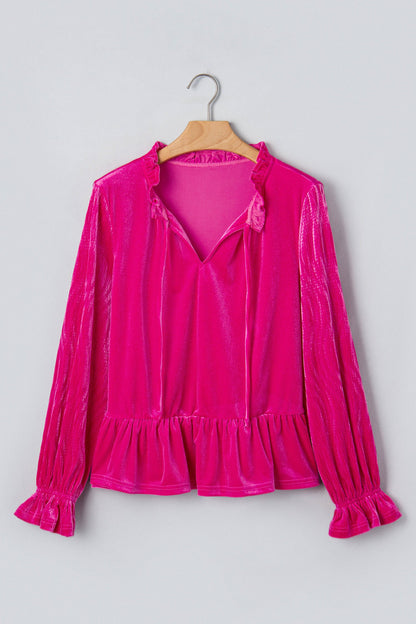 Solid Velvet V-Neck Ruffle Cuff Long Sleeve Top