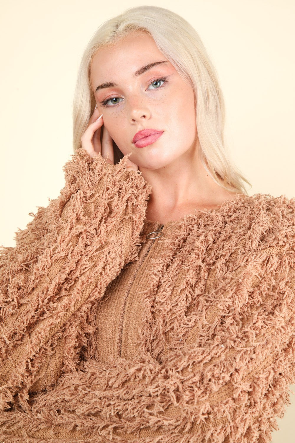 VERY Brown Shaggy Yarn Knit Zip Up Jacket