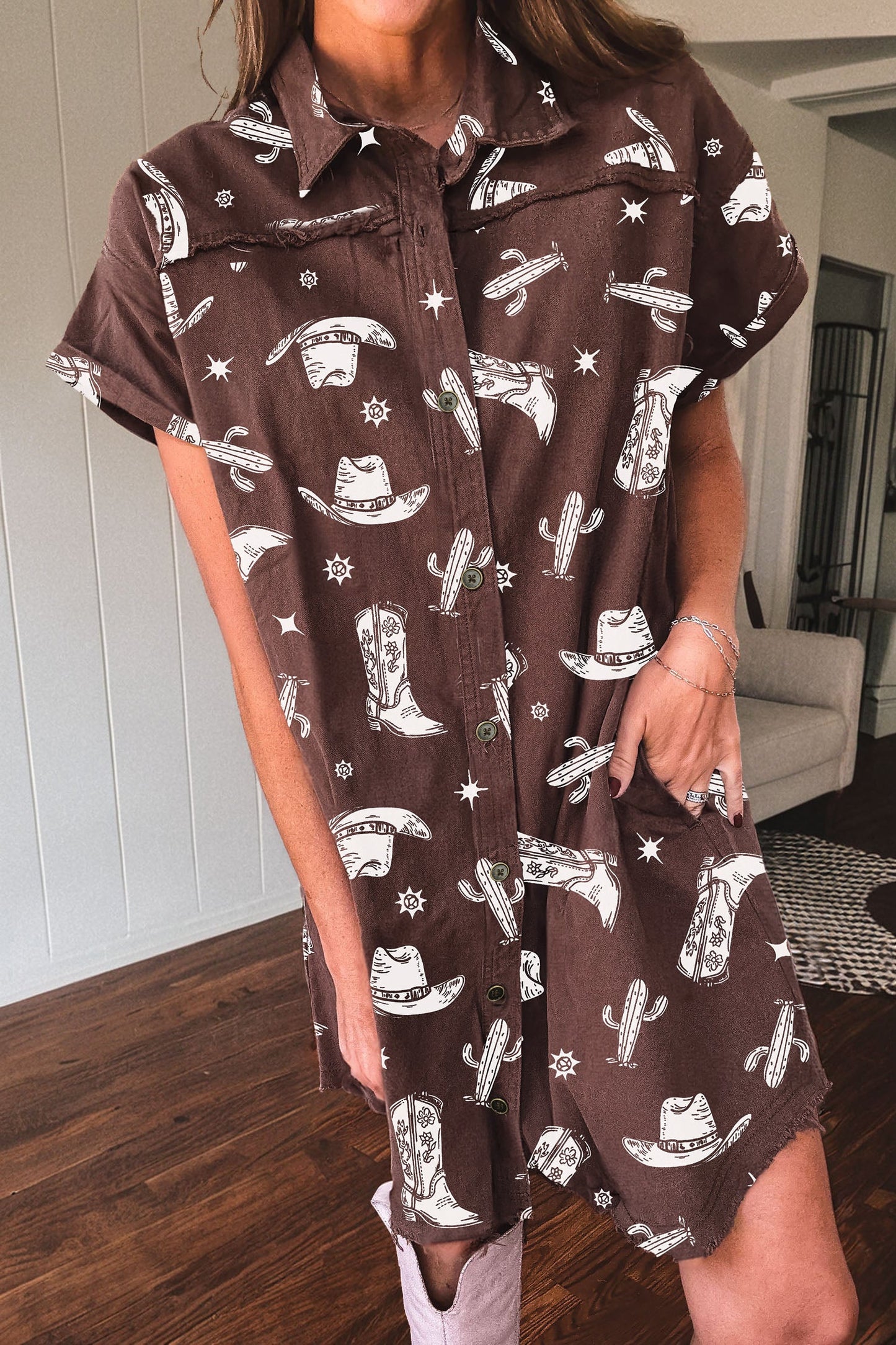 Western Cowgirl Cactus Raw Edge Denim Dress
