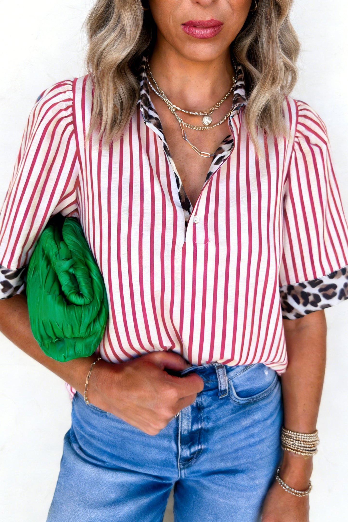 Stripe Leopard Contrast Trim Collared Blouse