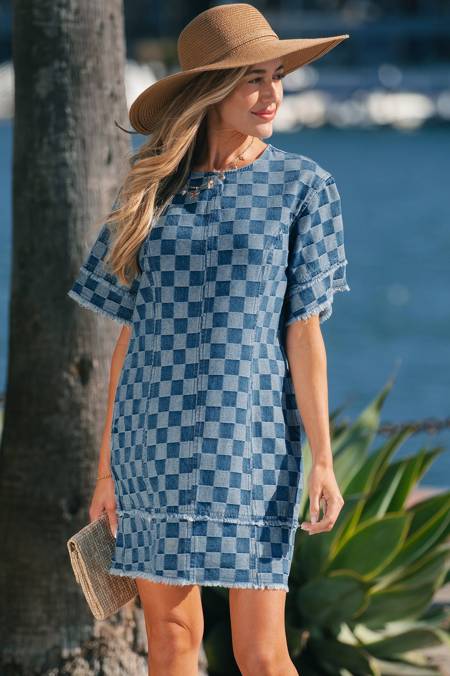 Checker Denim Frayed Hem Mini Dress