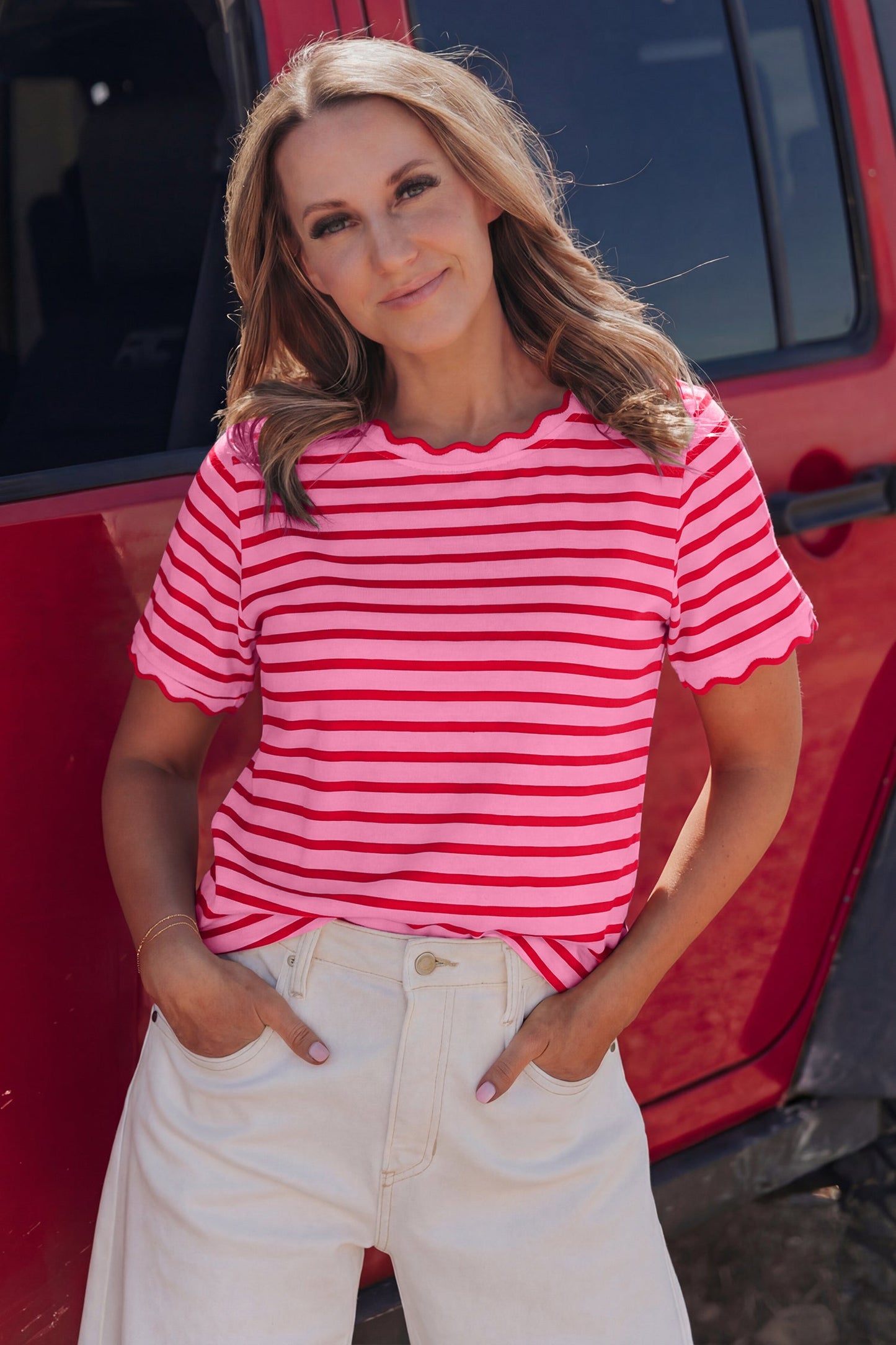 Stripe Scallop Trim Round Neck T-Shirt