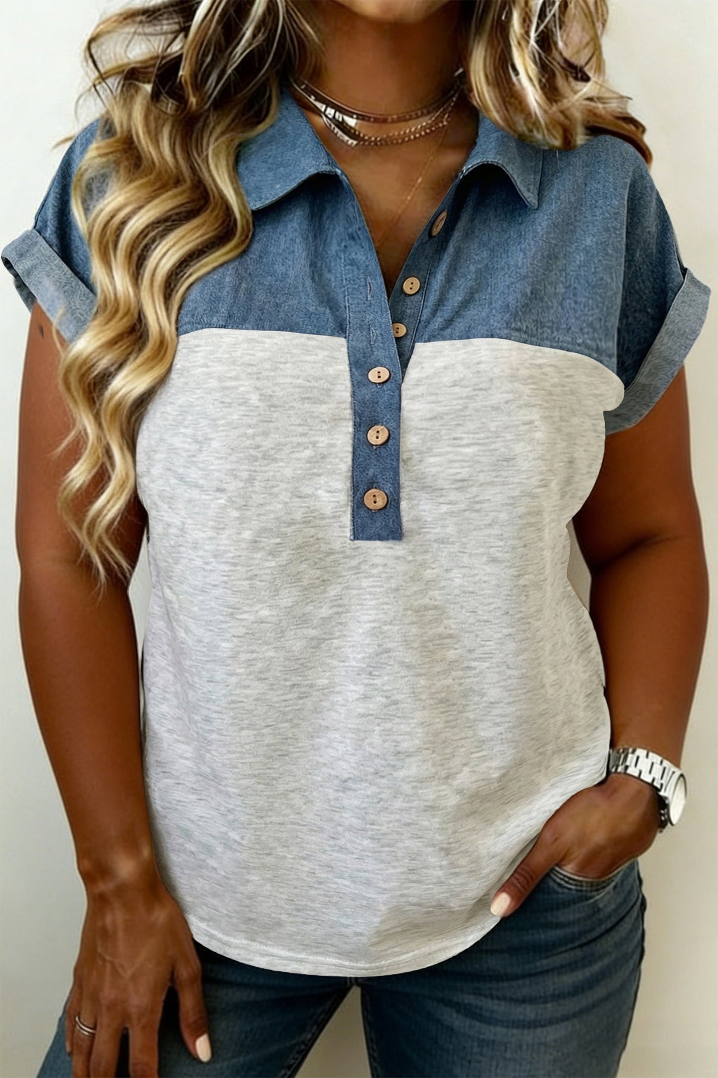 Plus Size Denim Patchwork Half Buttoned Collar Top