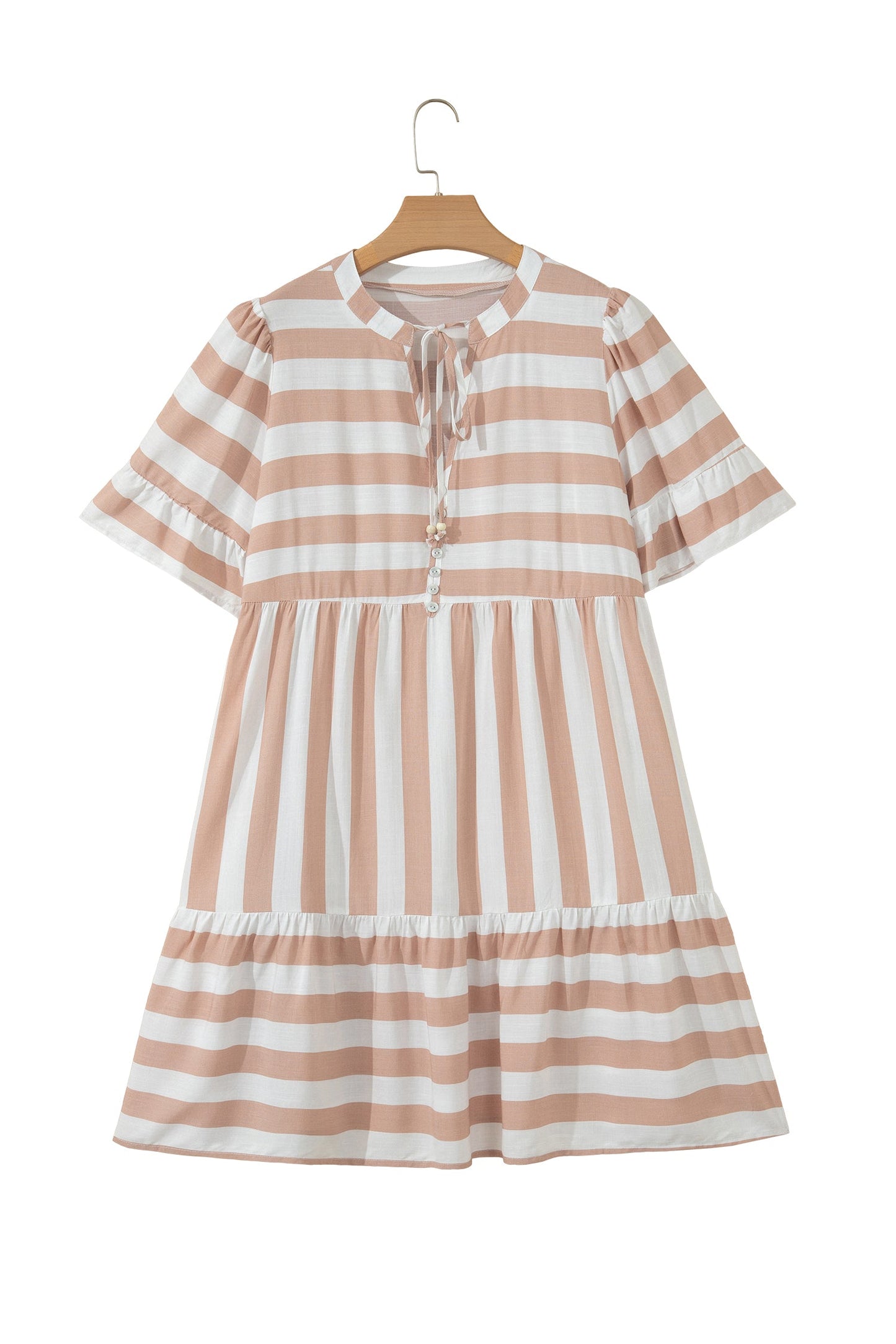 Stripe Tie V-Neck Ruffle Trim Mini Dress