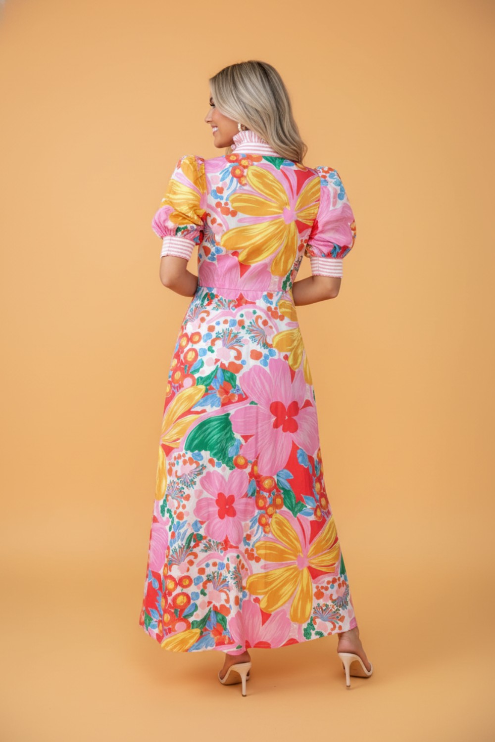 Floral Stripe Trim Puff Sleeve Buttoned Maxi Dress
